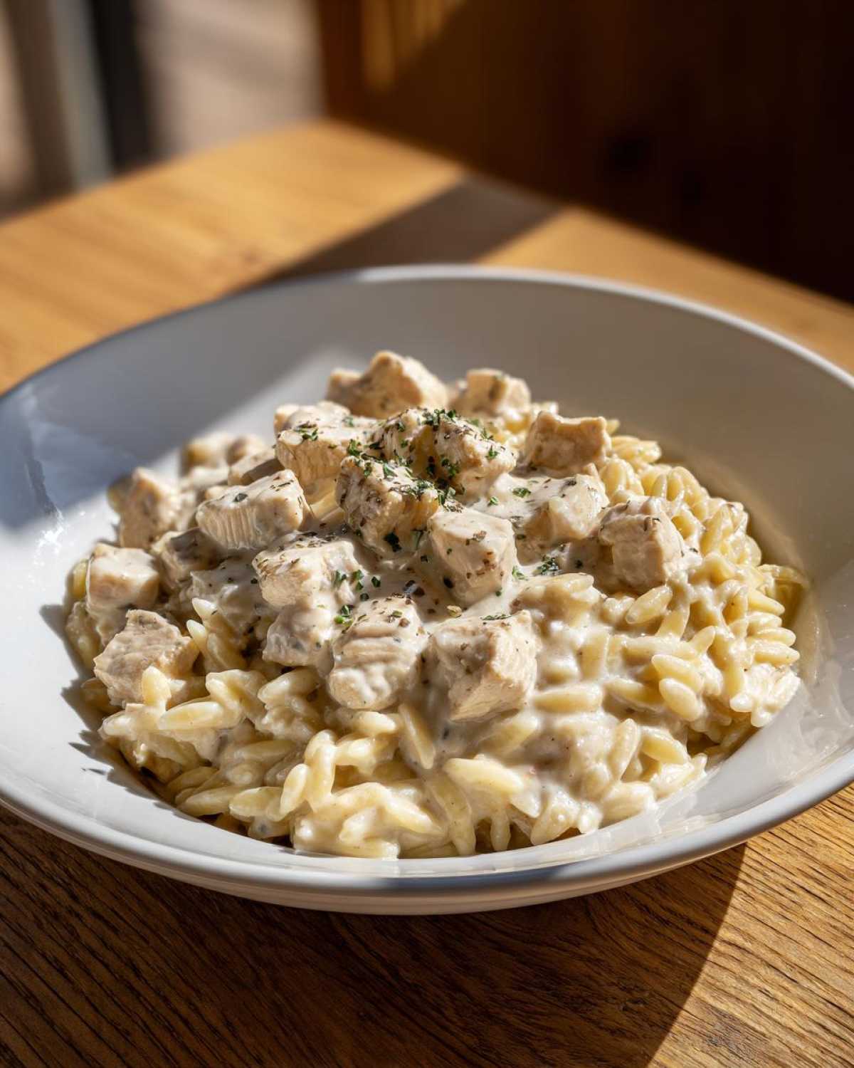 A close-up of Instant Pot Creamy Chicken and Orzo served in a white bowl, topped with diced chicken.