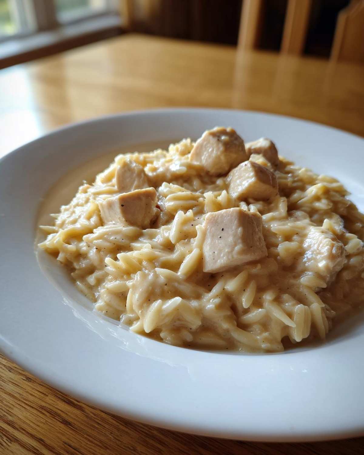 A close-up of a serving of Instant Pot Creamy Chicken and Orzo in a white bowl, featuring creamy orzo pasta and cubed chicken pieces.