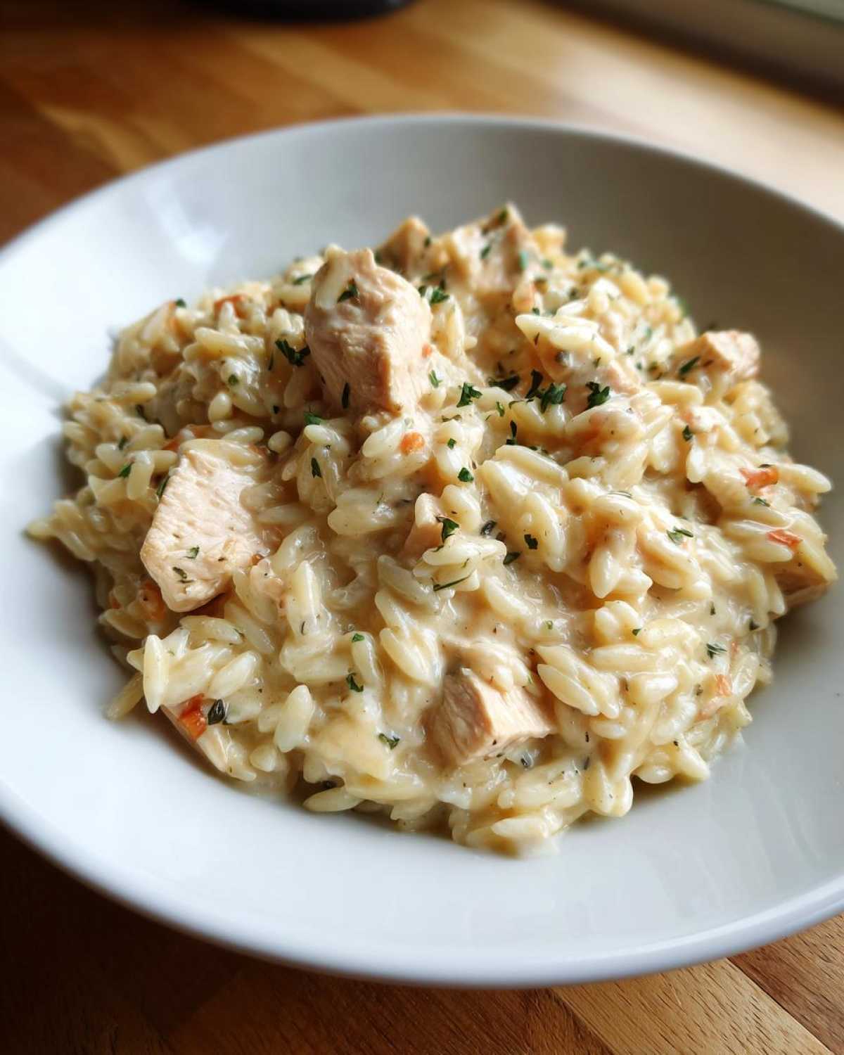 Close-up of a serving of Instant Pot Creamy Chicken and Orzo topped with fresh parsley.