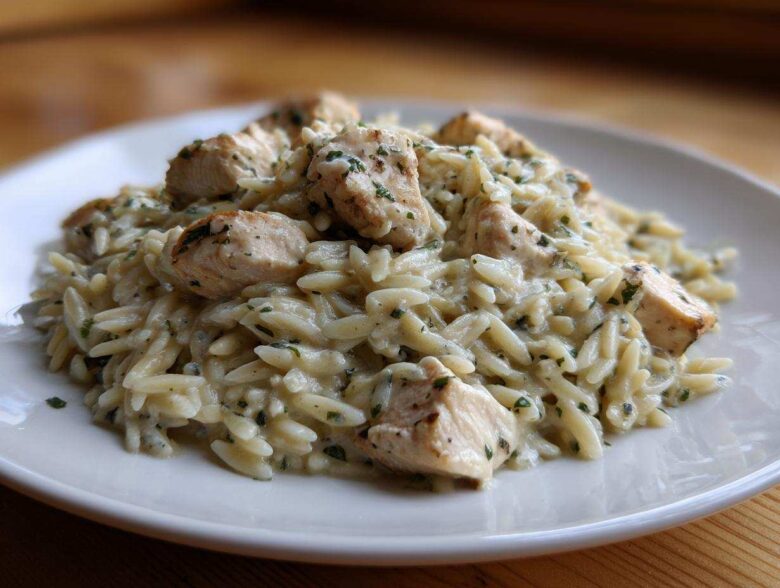A serving of Instant Pot Creamy Chicken and Orzo, featuring tender chicken pieces mixed with creamy orzo pasta and fresh herbs.