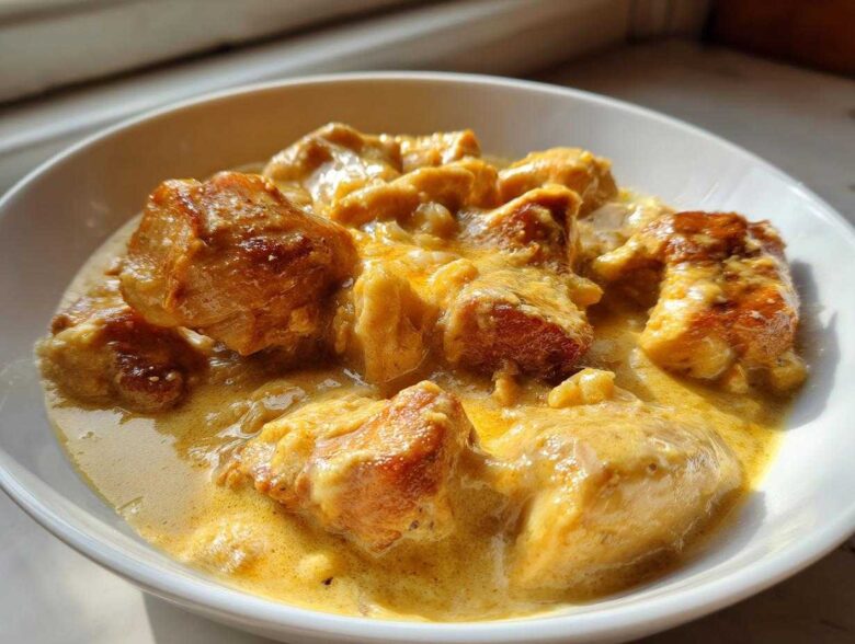 Close-up of tender chicken pieces coated in rich, yellow Instant Pot Creamy Coconut Chicken Curry sauce in a white bowl.