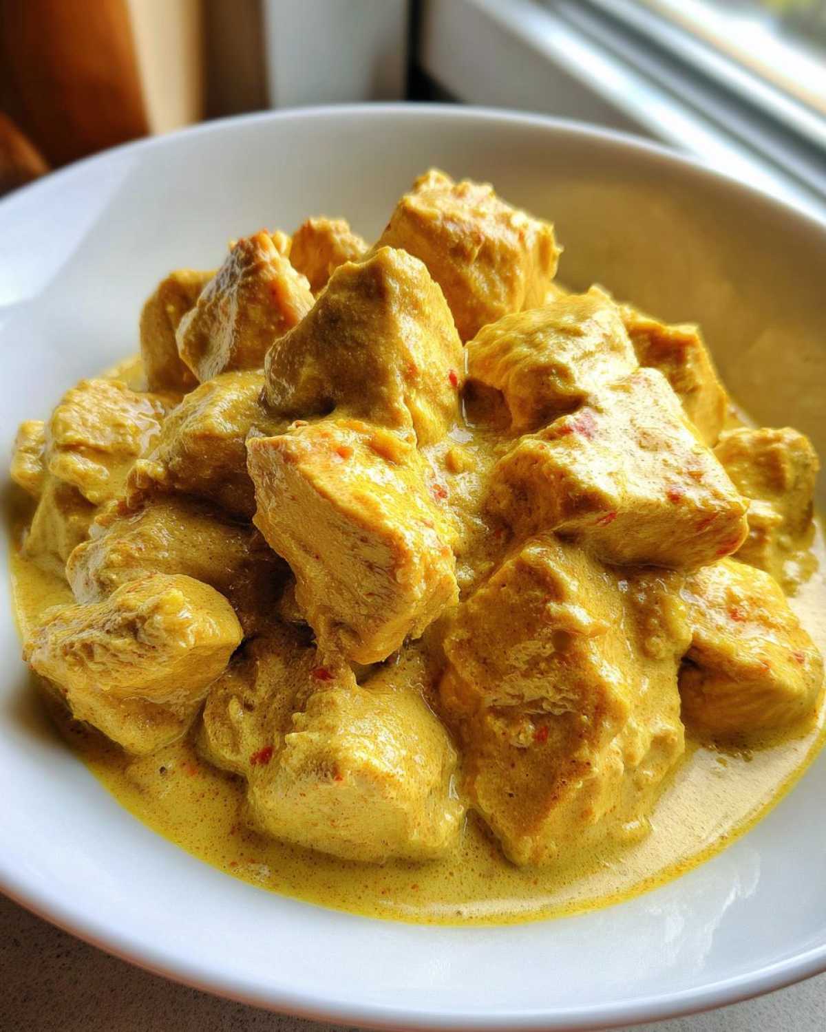 Close-up of cubed chicken coated in a rich, yellow Instant Pot Creamy Coconut Chicken Curry sauce in a white bowl.