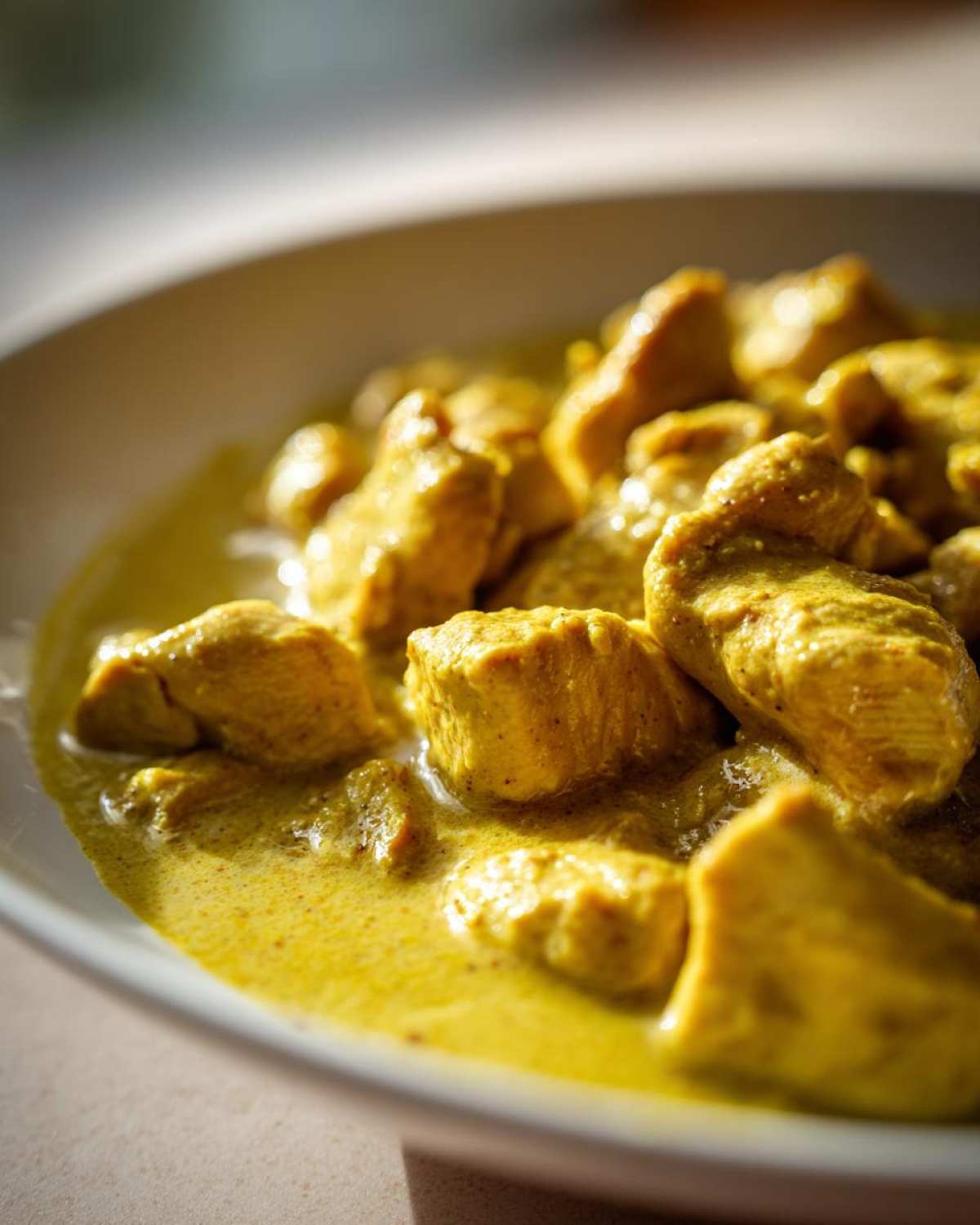 Close-up of tender chicken pieces coated in rich, yellow sauce for Instant Pot Creamy Coconut Chicken Curry.