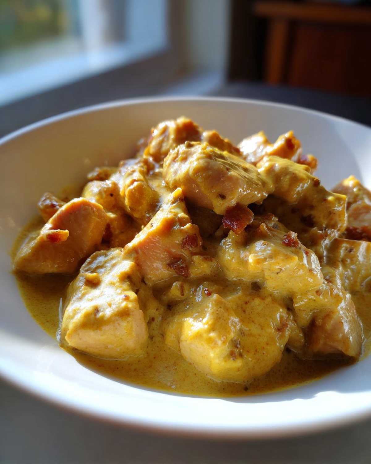 Close-up of tender chicken pieces coated in a rich, yellow sauce, characteristic of Instant Pot Creamy Coconut Chicken Curry.