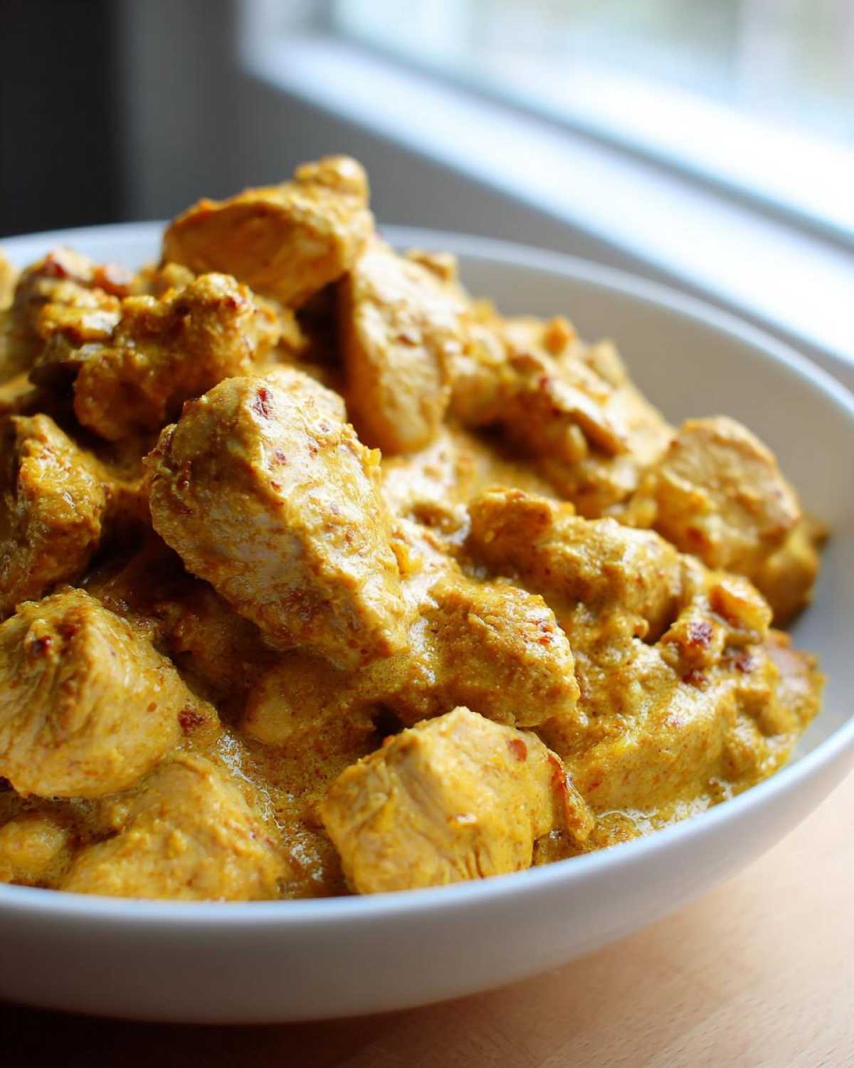 Close-up of tender chicken pieces coated in a rich, yellow Instant Pot Creamy Coconut Chicken Curry sauce, served in a white bowl.