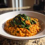 A close-up of Instant Pot Creamy Coconut Lentils with Spinach served in a white bowl.