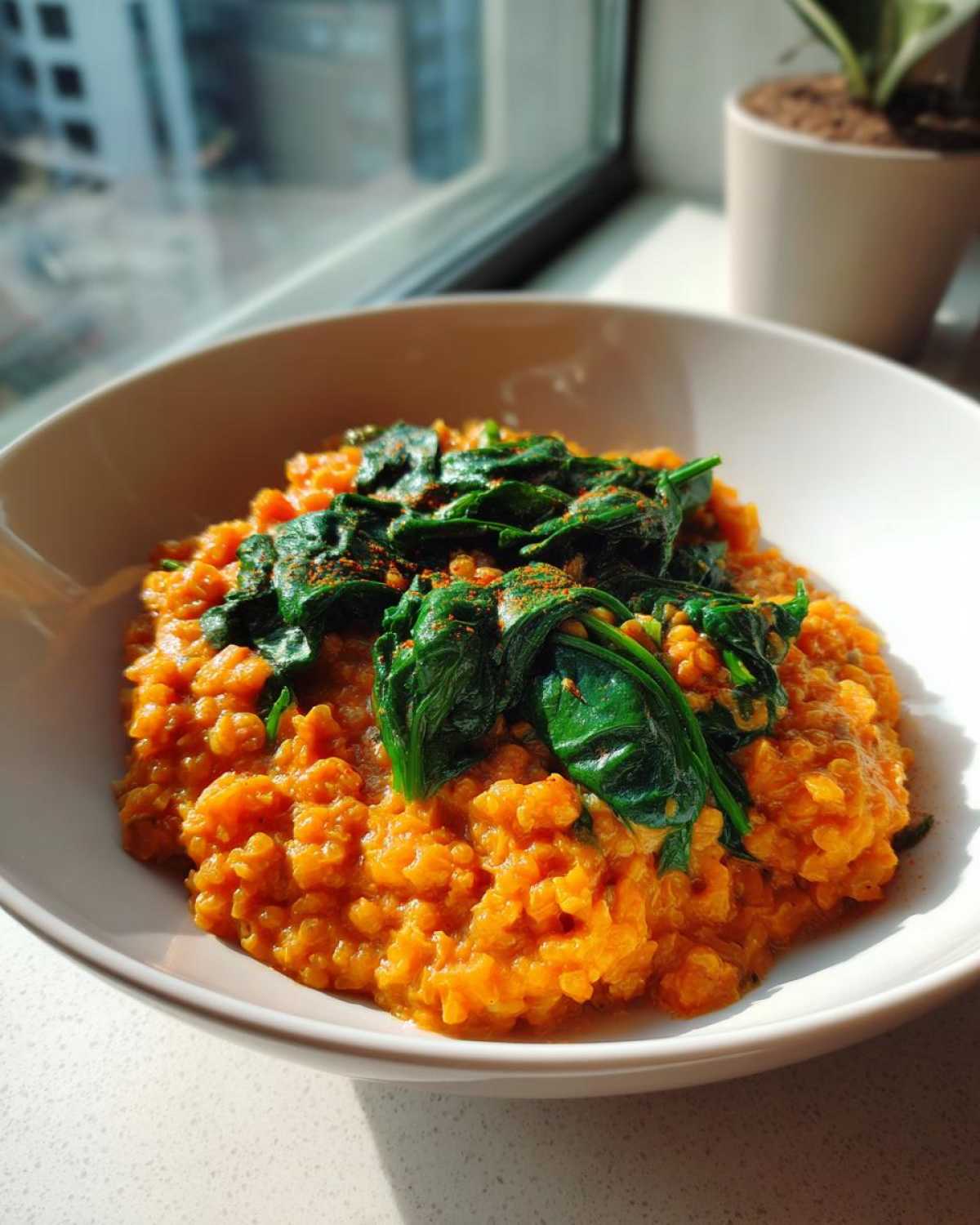 A close-up of Instant Pot Creamy Coconut Lentils with Spinach, topped with wilted greens and paprika.