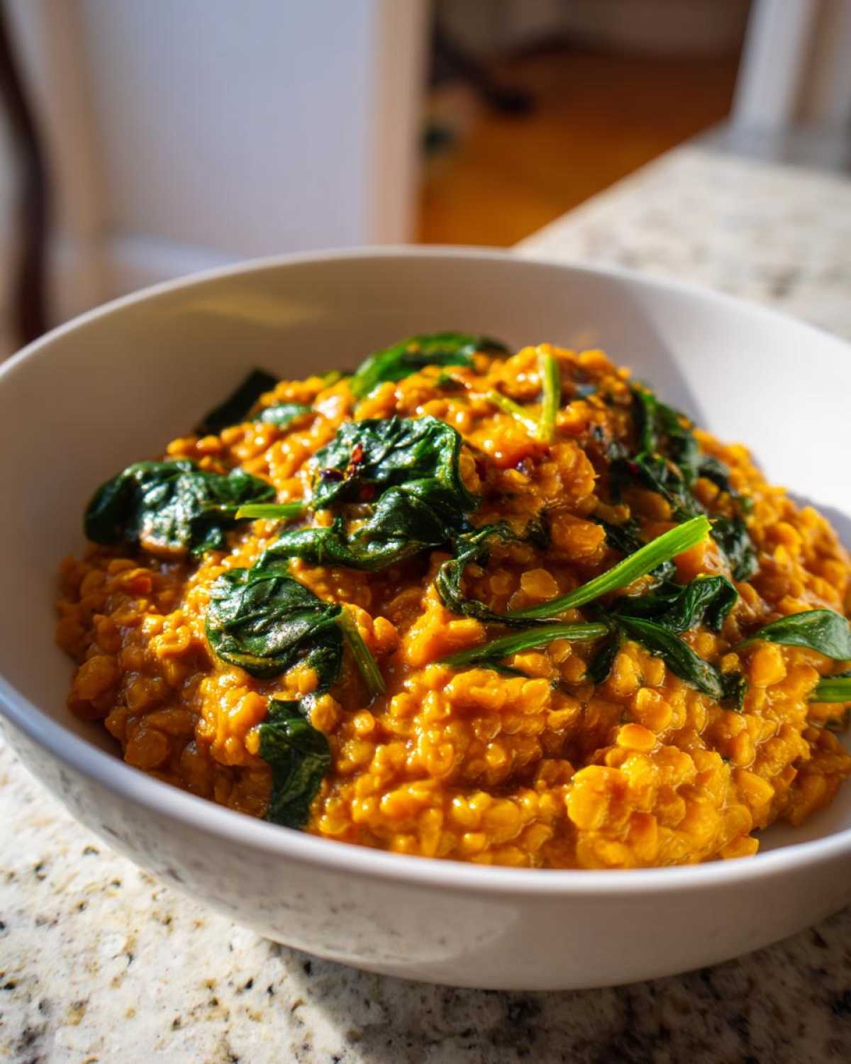 A close-up of a white bowl filled with vibrant orange Instant Pot Creamy Coconut Lentils with Spinach.