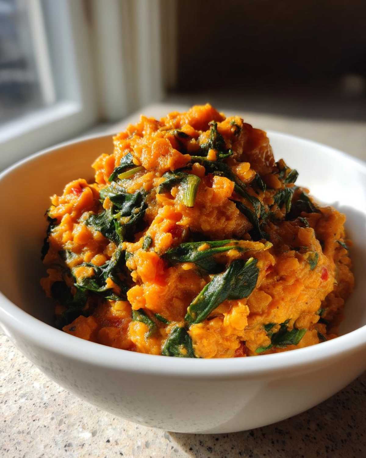 Close-up of Instant Pot Creamy Coconut Lentils with Spinach served in a white bowl, showing rich orange color and wilted greens.