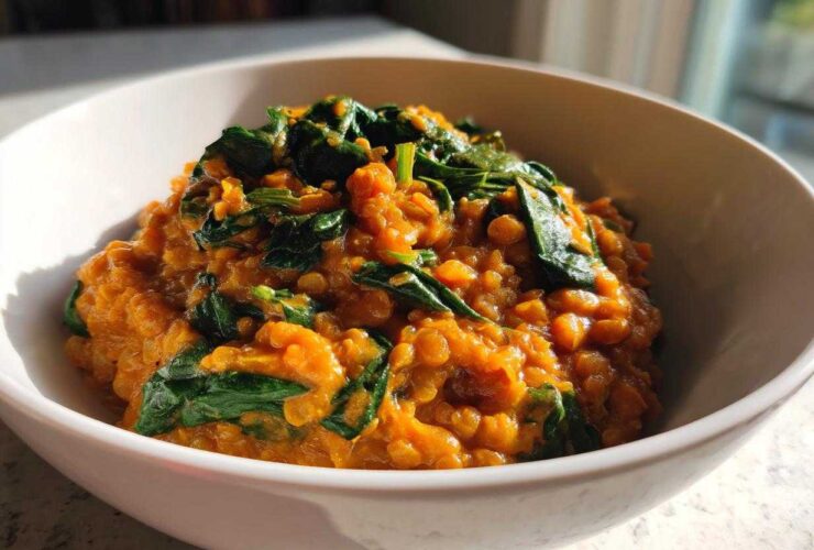 A close-up of Instant Pot Creamy Coconut Lentils with Spinach served in a white bowl, featuring orange lentils and wilted green spinach.