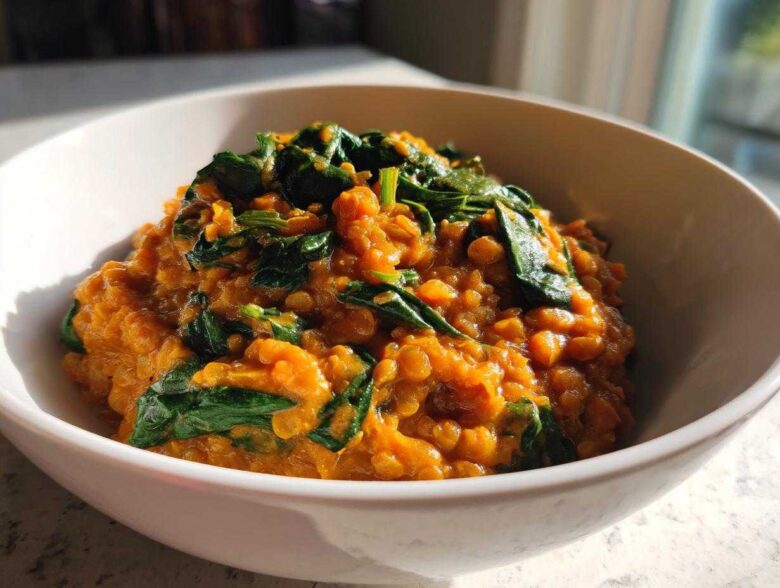 A close-up of Instant Pot Creamy Coconut Lentils with Spinach served in a white bowl, featuring orange lentils and wilted green spinach.