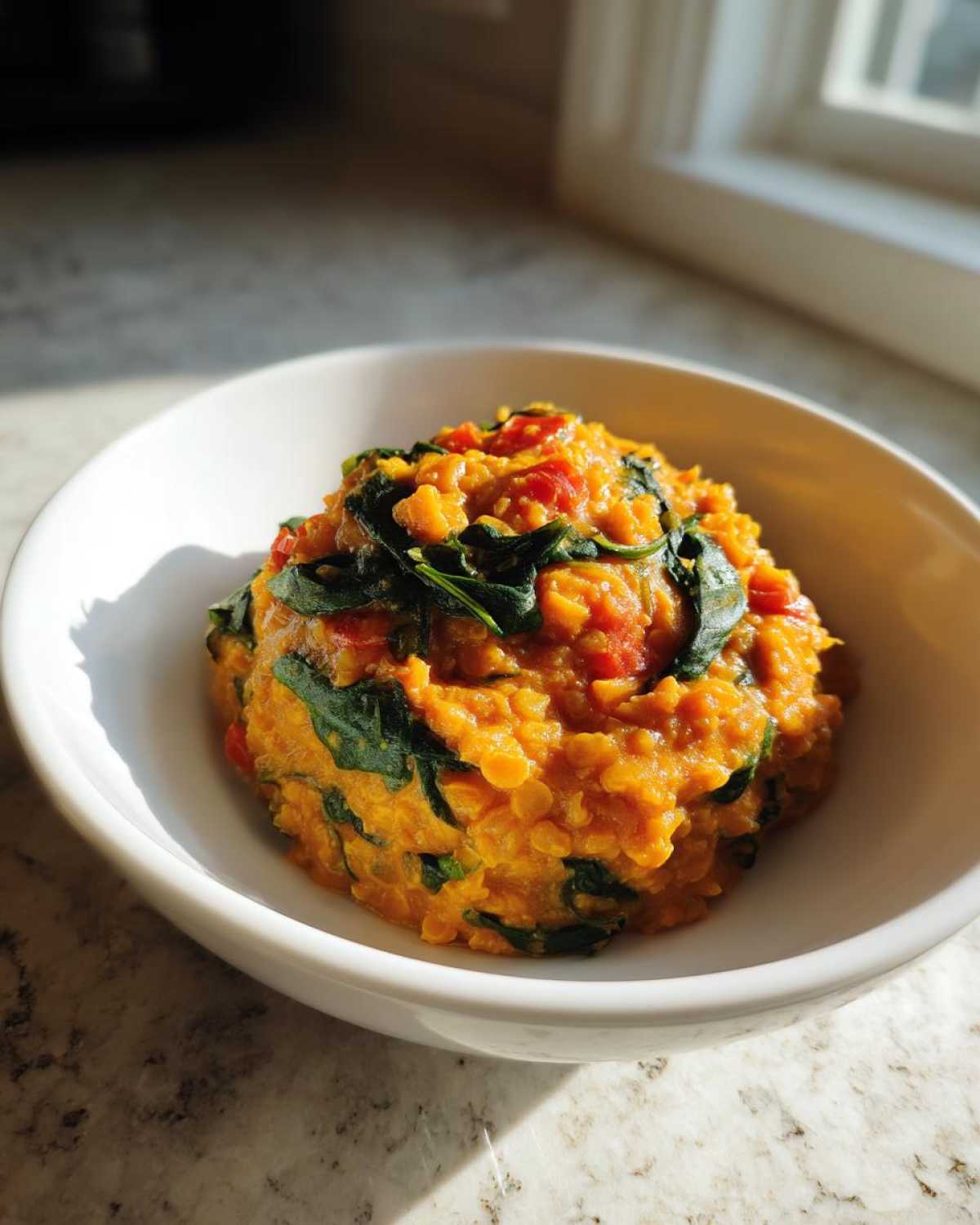 A serving of vibrant orange Instant Pot Creamy Coconut Lentils with Spinach topped with wilted greens in a white bowl.