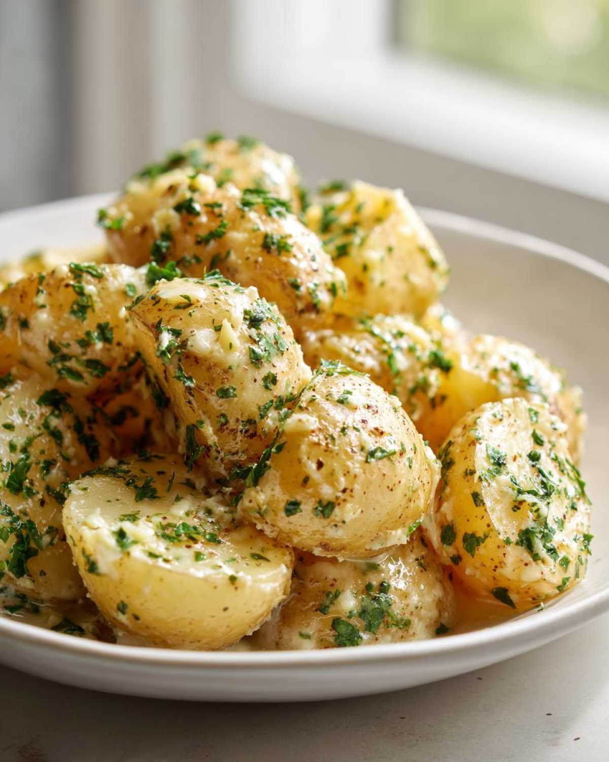 Close-up of Instant Pot Creamy Garlic Butter Potatoes coated in a rich, creamy sauce and fresh parsley.