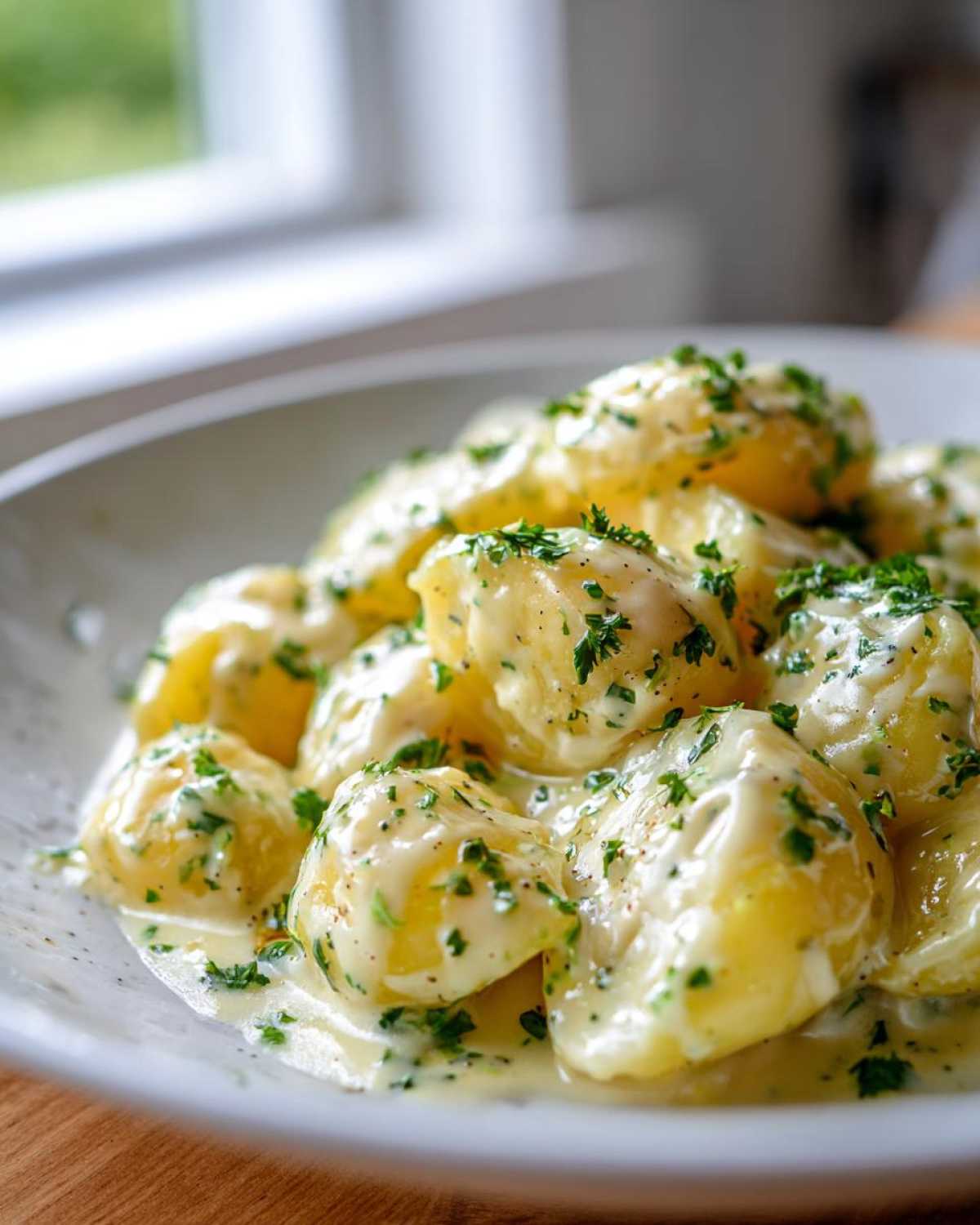 Close-up of tender Instant Pot Creamy Garlic Butter Potatoes coated in a rich sauce and topped with fresh parsley.
