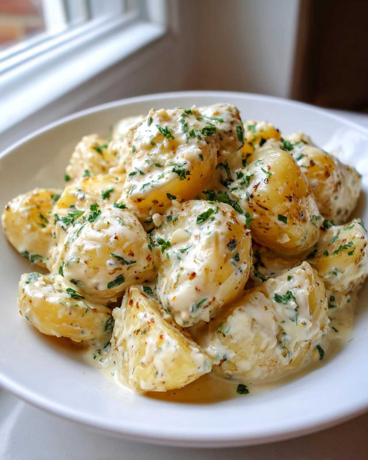 Close-up of Instant Pot Creamy Garlic Butter Potatoes coated in a rich, creamy sauce and topped with fresh parsley.