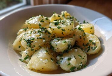 Close-up of tender Instant Pot Creamy Garlic Butter Potatoes tossed in butter sauce and fresh parsley.