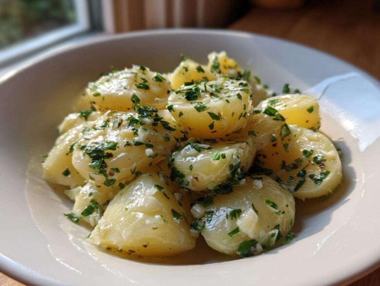 Close-up of tender Instant Pot Creamy Garlic Butter Potatoes tossed in butter sauce and fresh parsley.
