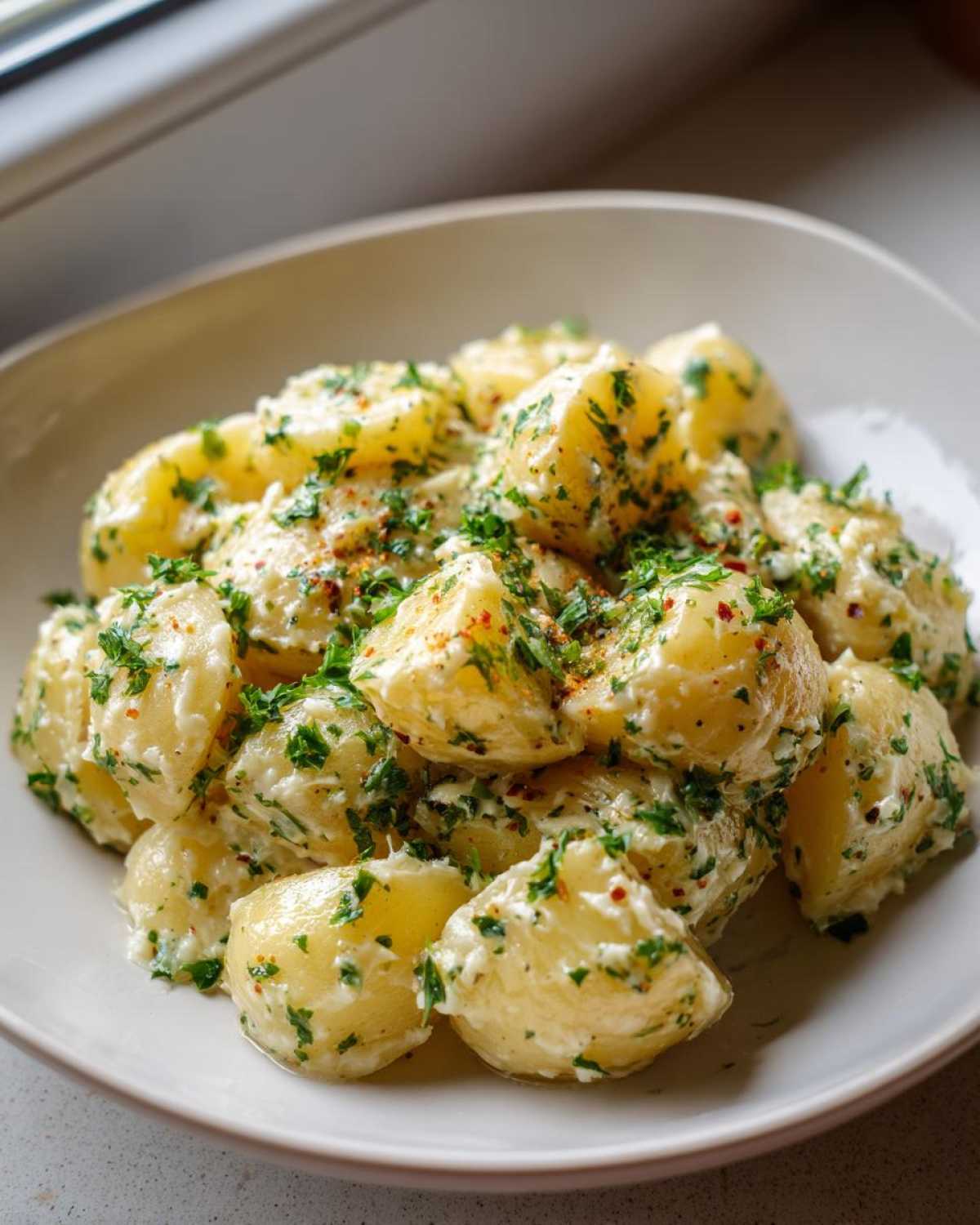 Close-up of Instant Pot Creamy Garlic Butter Potatoes coated in a rich sauce and topped with fresh parsley.