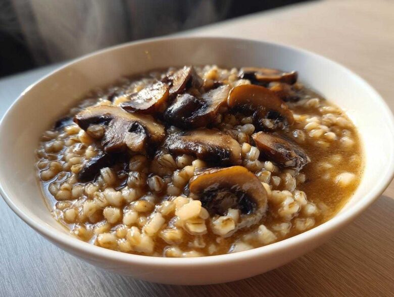 Close-up of Instant Pot Creamy Mushroom Barley Soup topped with sautéed brown mushrooms in a white bowl.