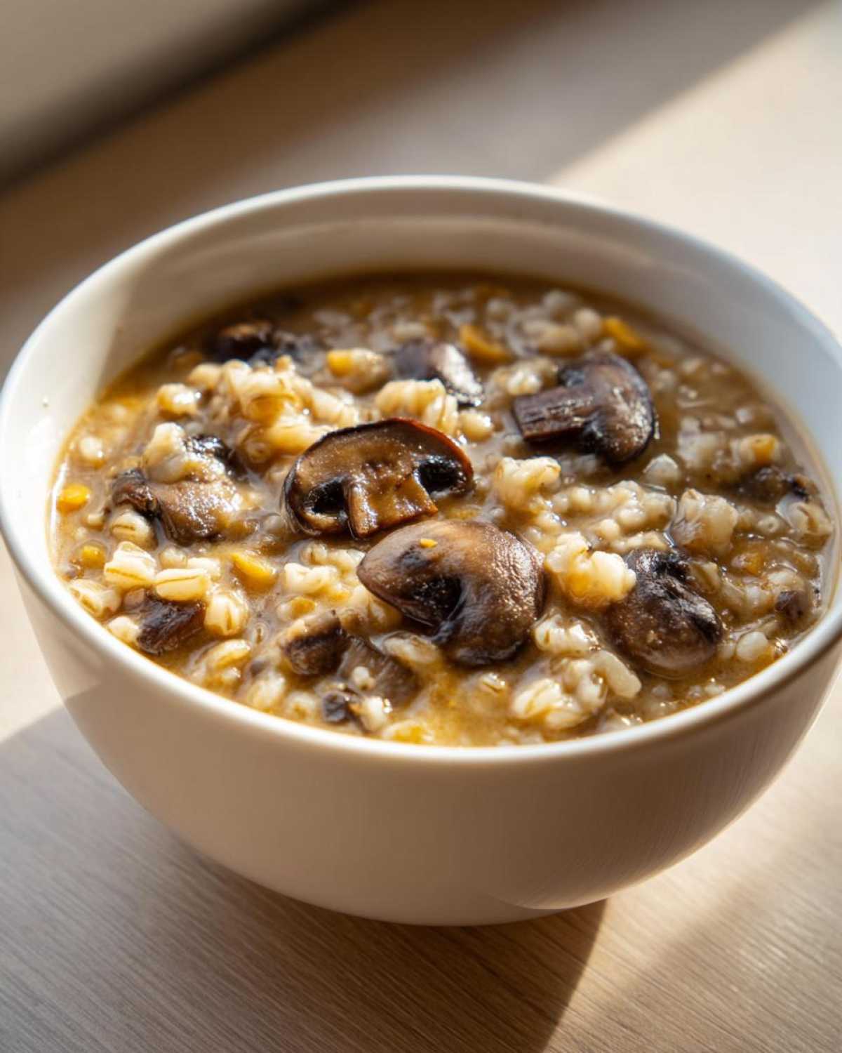 Close-up of a white bowl filled with rich Instant Pot Creamy Mushroom Barley Soup, topped with sautéed mushrooms.
