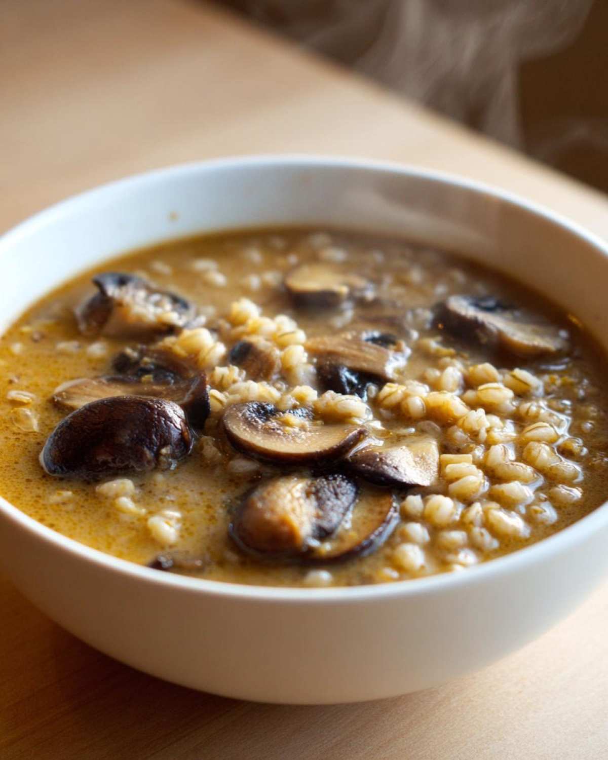 Close-up of a white bowl filled with steaming Instant Pot Creamy Mushroom Barley Soup, featuring plump barley and sliced mushrooms.