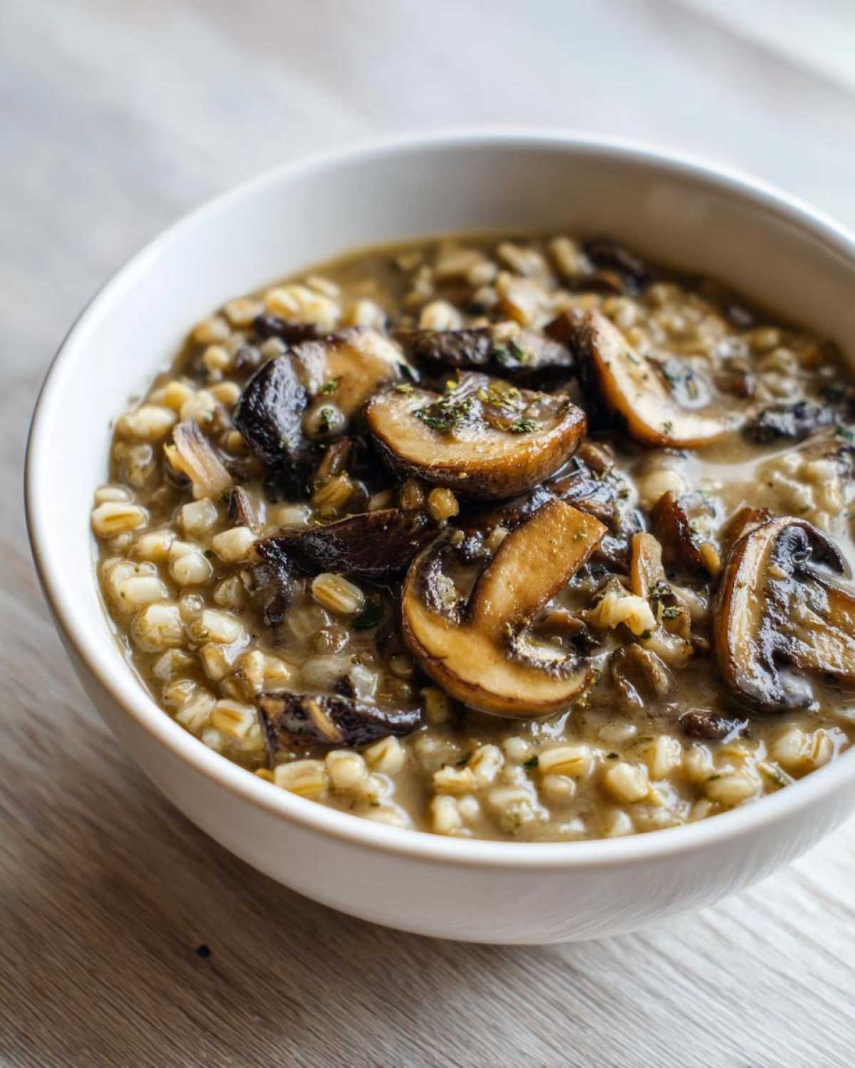 Close-up of a white bowl filled with Instant Pot Creamy Mushroom Barley Soup, topped with sliced sautéed mushrooms.