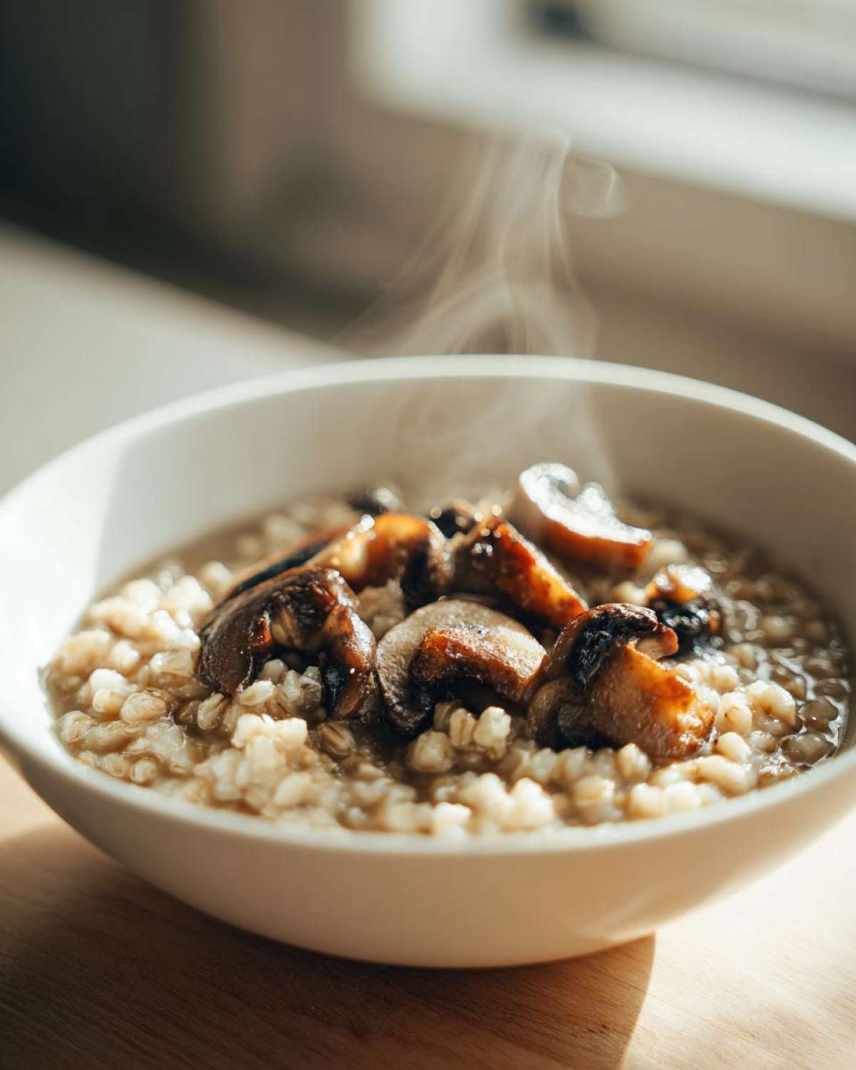A close-up of a white bowl filled with steaming Instant Pot Creamy Mushroom Barley Soup, topped with sautéed mushrooms.