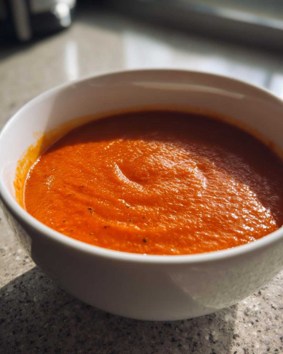 Close-up of a white bowl filled with vibrant orange Instant Pot Creamy Red Pepper Tomato Soup.