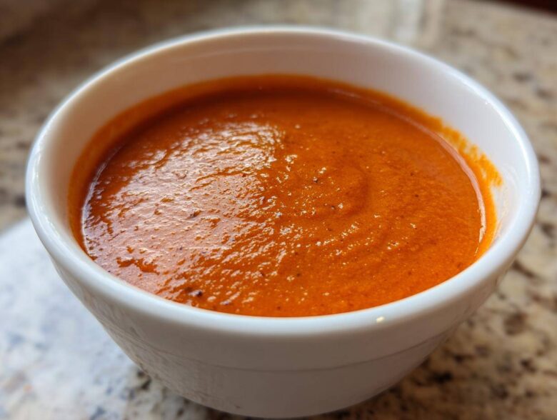 Close-up of a white bowl filled with rich, orange-red Instant Pot Creamy Red Pepper Tomato Soup.