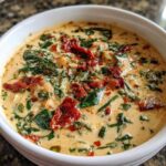 A close-up of a white bowl filled with Instant Pot Creamy Tuscan White Bean Soup, topped with spinach and sun-dried tomatoes.