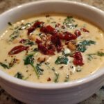 A close-up of a white bowl filled with Instant Pot Creamy Tuscan White Bean Soup, topped with sun-dried tomatoes and spinach.