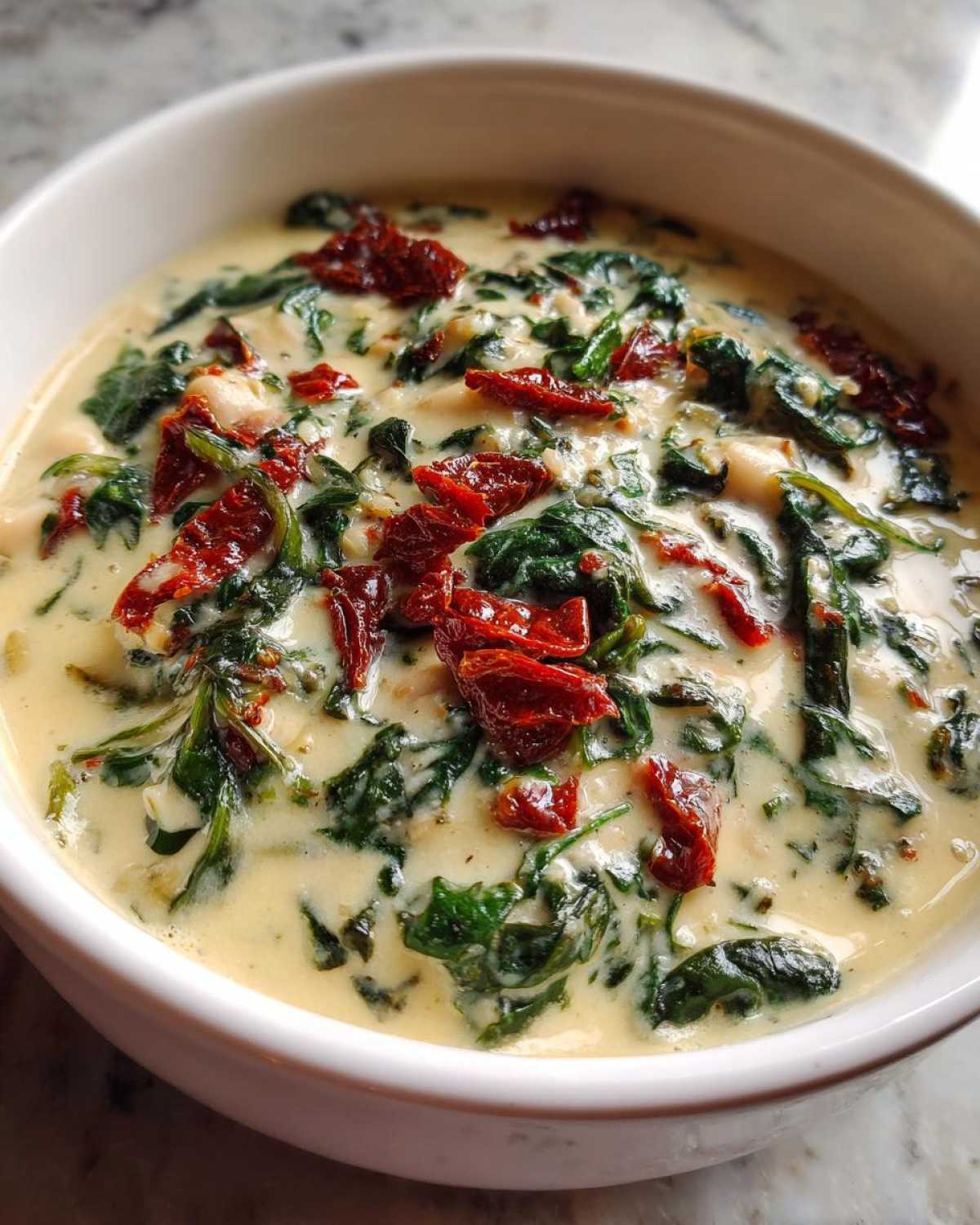 A close-up view of Instant Pot Creamy Tuscan White Bean Soup, featuring a rich, creamy broth with wilted spinach and sun-dried tomatoes.