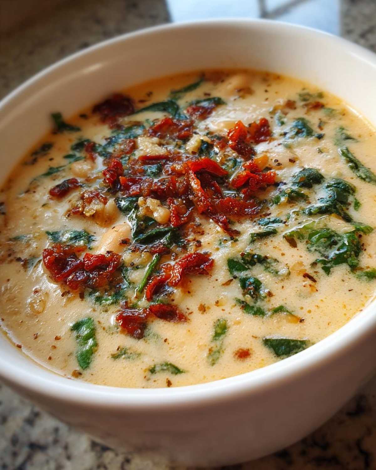 Close-up of a white bowl filled with Instant Pot Creamy Tuscan White Bean Soup, topped with sun-dried tomatoes and spinach.