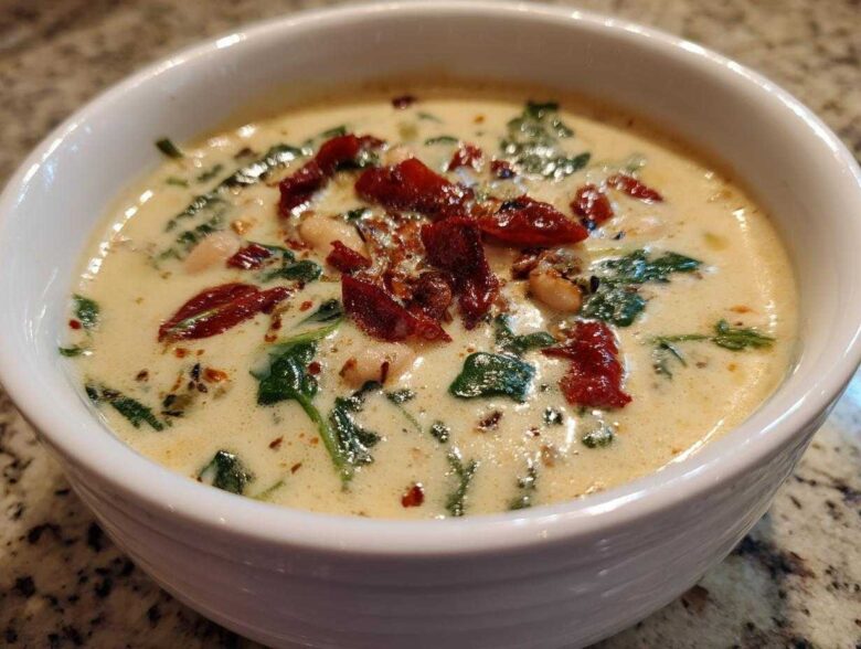A close-up of a white bowl filled with Instant Pot Creamy Tuscan White Bean Soup, topped with sun-dried tomatoes and spinach.