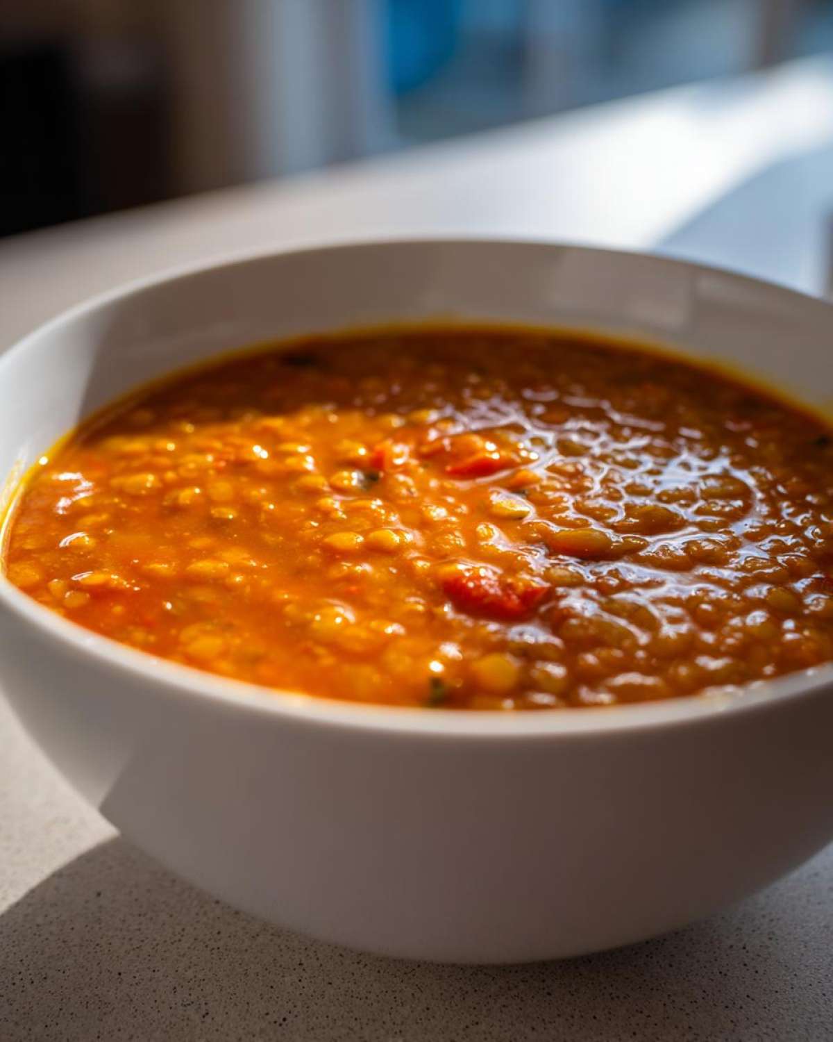 Close-up of a white bowl filled with rich, orange-red Instant Pot Tomato Lentil Soup.