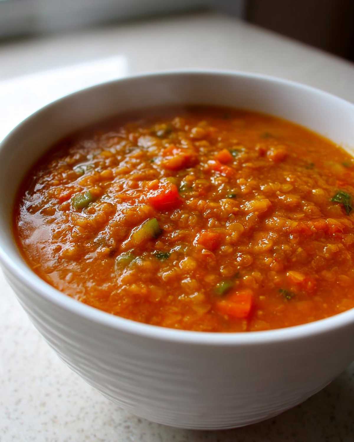 Close-up of a white bowl filled with thick, orange Instant Pot Tomato Lentil Soup containing visible chunks of carrots and zucchini.