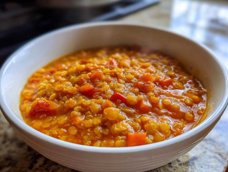 A close-up of a white bowl filled with thick, vibrant orange Instant Pot Tomato Lentil Soup, showing cooked lentils and diced vegetables.