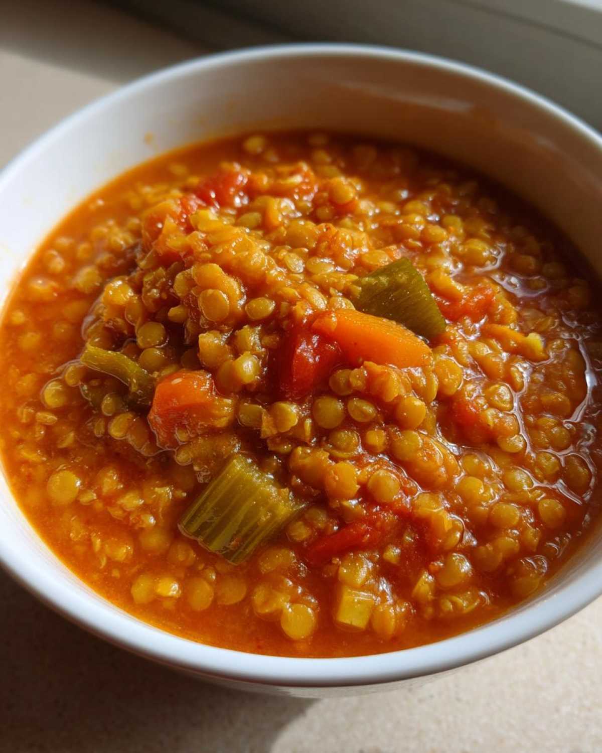 Close-up of thick, vibrant orange Instant Pot Tomato Lentil Soup with visible lentils, carrots, and celery chunks in a white bowl.