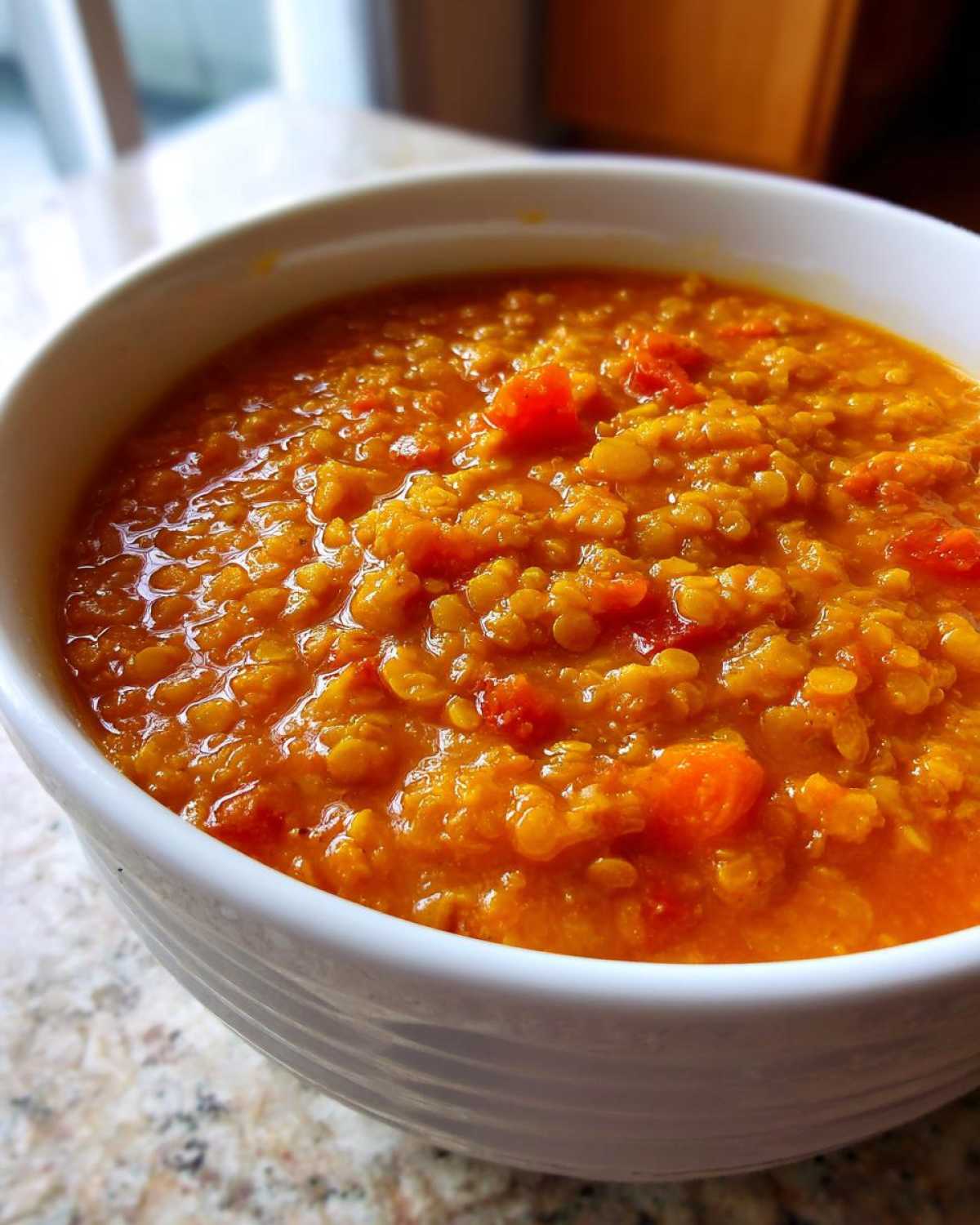 Close-up of thick, orange Instant Pot Tomato Lentil Soup served in a white ceramic bowl.