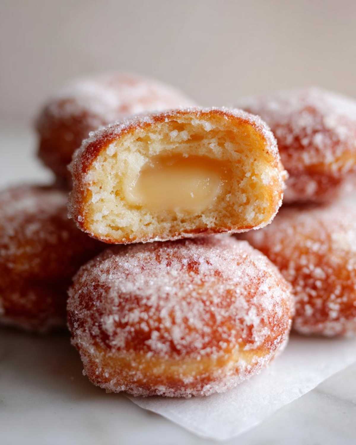 Close-up of Italian Peach Cookies, one cut in half revealing a creamy filling, coated in sugar.