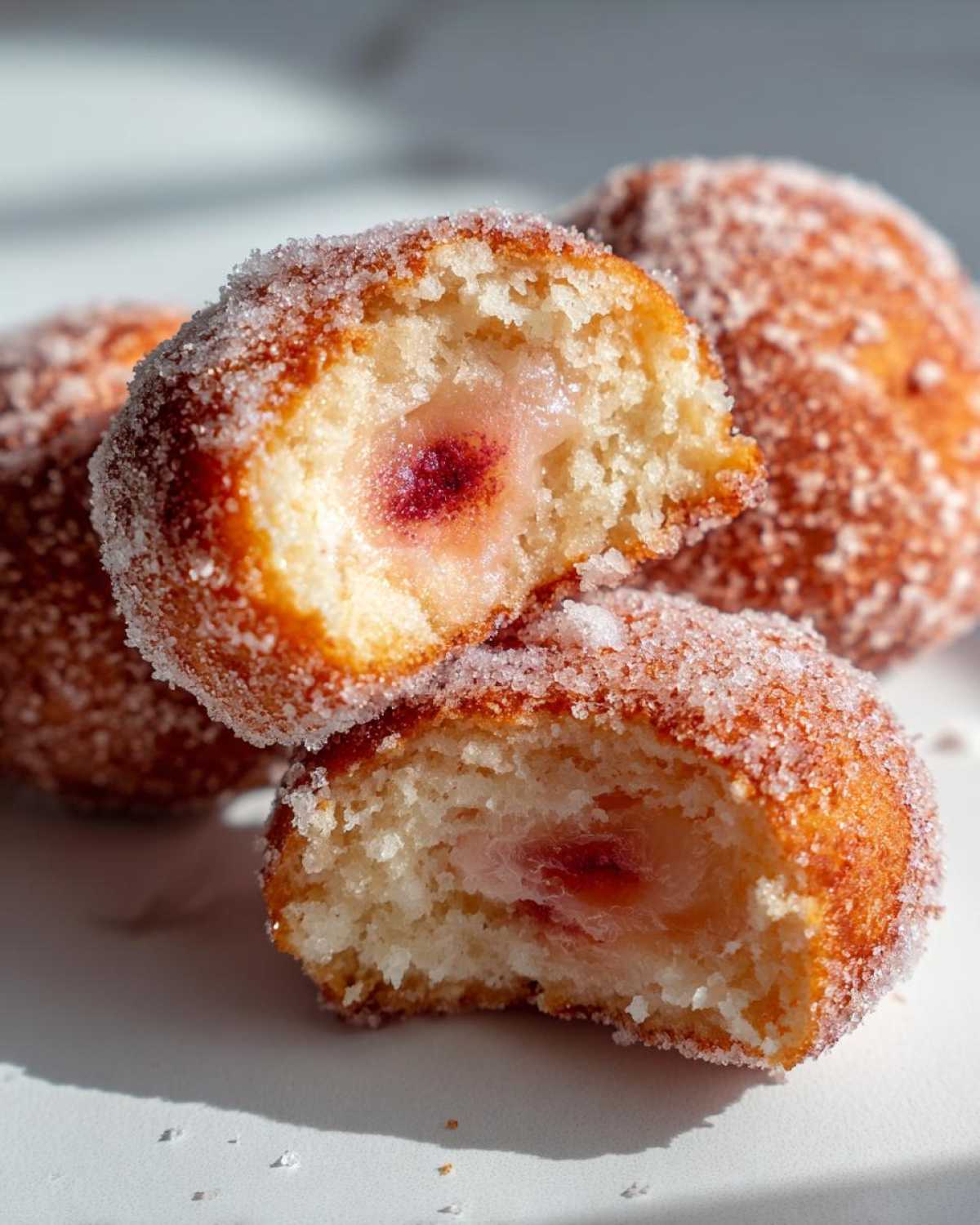 Close-up of Italian Peach Cookies cut in half showing the creamy filling and sugar coating.