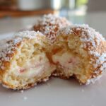 Close-up of Italian Peach Cookies, dusted with powdered sugar, showing the creamy, slightly pink-tinged filling inside.