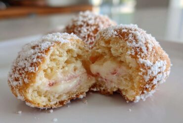 Close-up of Italian Peach Cookies, dusted with powdered sugar, showing the creamy, slightly pink-tinged filling inside.