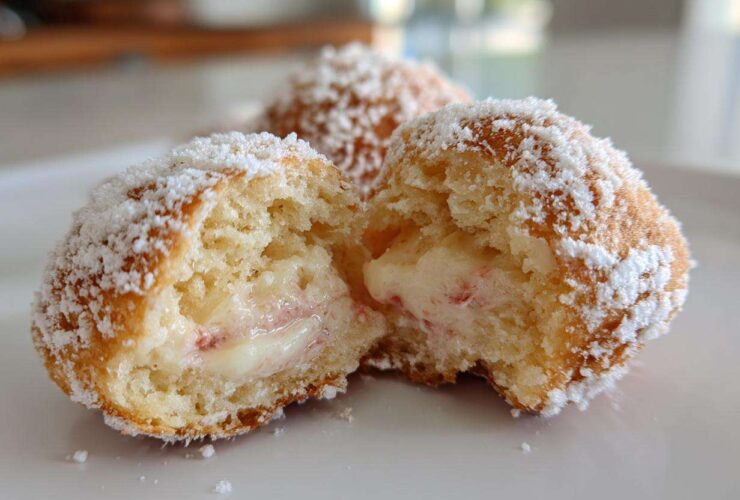 Close-up of Italian Peach Cookies, dusted with powdered sugar, showing the creamy, slightly pink-tinged filling inside.