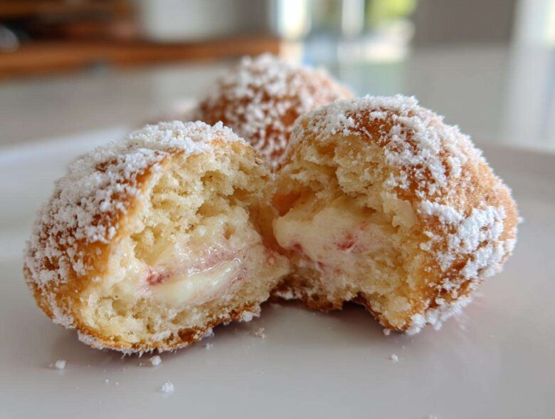 Close-up of Italian Peach Cookies, dusted with powdered sugar, showing the creamy, slightly pink-tinged filling inside.
