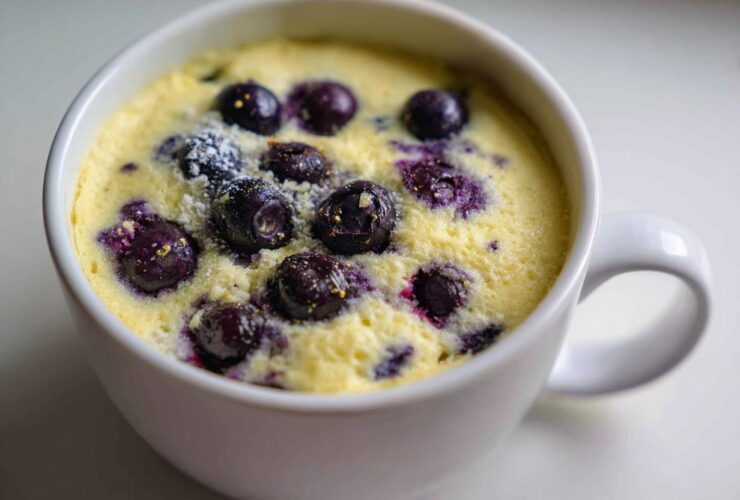 A close-up of a freshly baked Keto Blueberry Lemon Mug Cake, topped with whole blueberries and a dusting of sweetener.