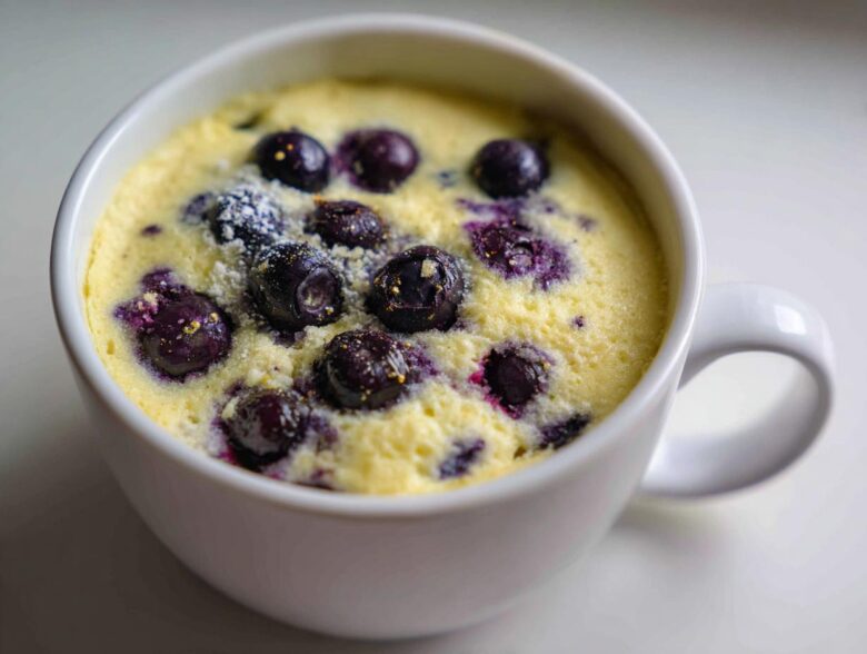 A close-up of a freshly baked Keto Blueberry Lemon Mug Cake, topped with whole blueberries and a dusting of sweetener.