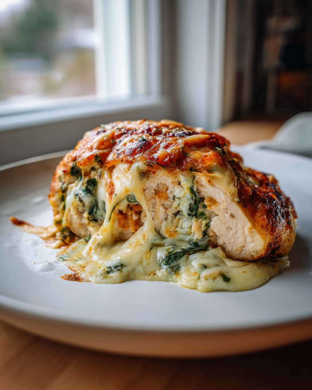 Cross-section of Keto Cheesy Spinach Stuffed Chicken showing melted cheese oozing out with spinach filling.