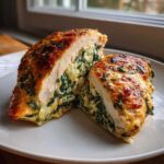 Cross-section view of Keto Cheesy Spinach Stuffed Chicken, showing juicy white meat filled with creamy spinach and cheese.