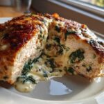 Cross-section of Keto Cheesy Spinach Stuffed Chicken showing melted cheese and spinach filling oozing out.